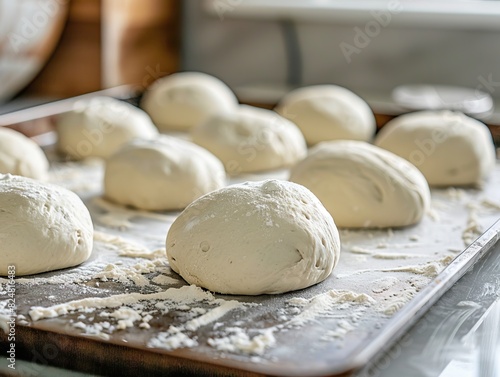 Close-up view of dough slowly rising and expanding on a baking sheet, depicting the process of fermentation and preparation for baking delicious homemade bread or pastry.