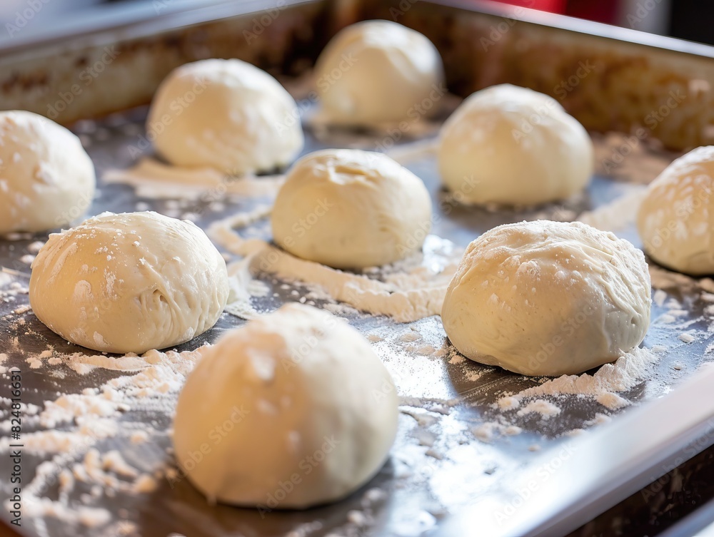 Close-up view of dough slowly rising and expanding on a baking sheet, depicting the process of fermentation and preparation for baking delicious homemade bread or pastry. Close-up view of dough slowly rising and expanding on a baking sheet, depicting the process of fermentation and preparation for baking delicious homemade bread or pastry.