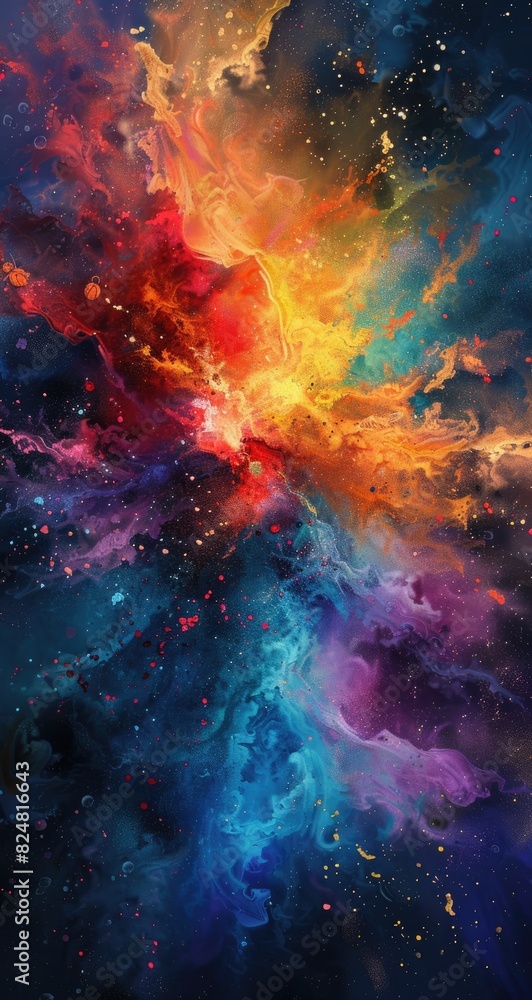 The image is an abstract painting. It has a colorful background with a bright center and dark edges. The image is an abstract painting. It has a colorful background with a bright center and dark edges.