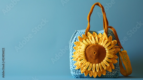 Light blue crochet bag with big sunflower motif on a light blue background. Copy space for text. Summer fashion concept.