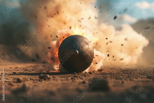 A vivid image capturing the moment of a bomb explosion with debris scattering photo