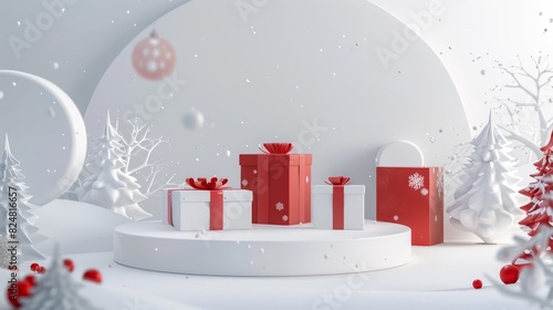 Minimalist 3D Podium Displaying Vibrant Christmas Gift Product for Holiday Season Sale photo