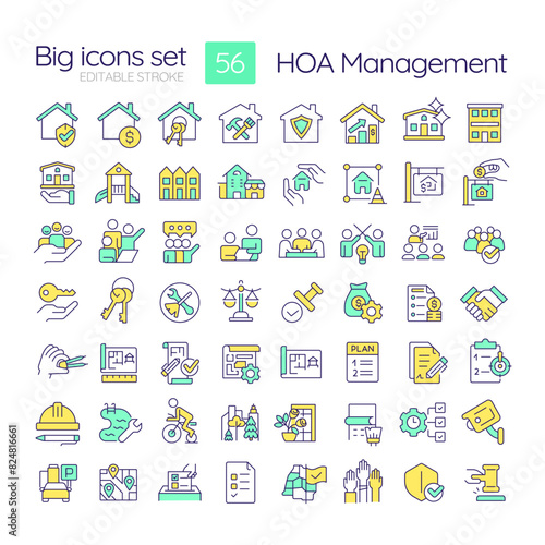 HOA management RGB color icons set. Administrative support, service. Regulatory compliance, leadership. Isolated vector illustrations. Simple filled line drawings collection. Editable stroke