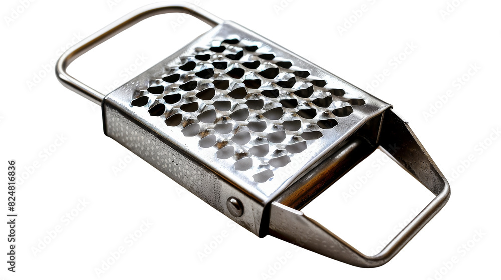 Detailed close-up of a grater against a plain white background, showcasing its sharp blades and textured surface Detailed close-up of a grater against a plain white background, showcasing its sharp blades and textured surface