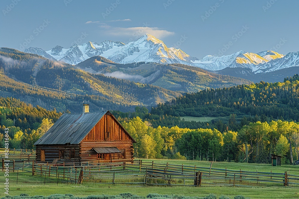 Sunshine shines on the snow capped mountains, grasslands, and wooden houses Sunshine shines on the snow capped mountains, grasslands, and wooden houses