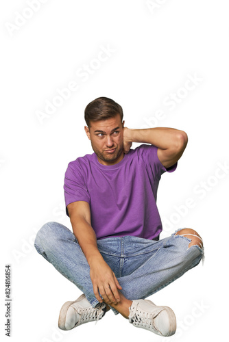 Casual man sitting on floor touching back of head, thinking and making a choice.