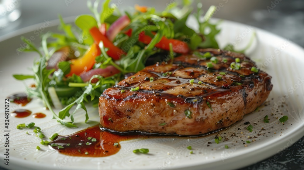 honey-glazed pork steak served with a fresh green salad and vinaigrette honey-glazed pork steak served with a fresh green salad and vinaigrette
