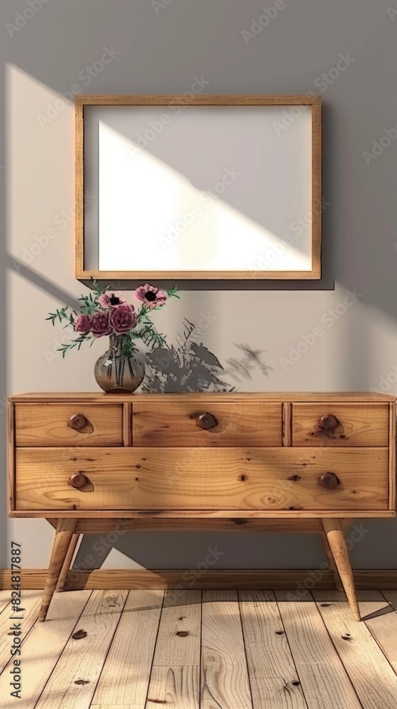 60x80 picture frame mockup hangs on a light wall above a wooden console with a vase of flowers, casting a soft shadow 60x80 picture frame mockup hangs on a light wall above a wooden console with a vase of flowers, casting a soft shadow