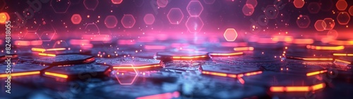 Abstract 3D Background. Neon-lit hexagons hover in a futuristic 3D space, infusing the scene with a cybernetic aura.