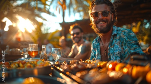 Joyful man in sunglasses with a friendly smile enjoying a summer barbecue party with friends in an outdoor setting