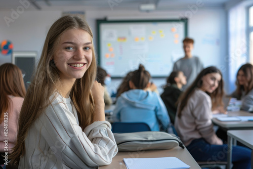 A smiling female student sits in the classroom with other students. She is looking at the camera and holding her notebook while an adult male teacher stands in front of the whiteboard with a projector