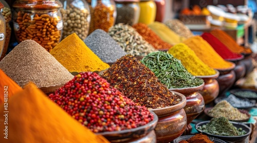 Fototapeta Naklejka Na Ścianę i Meble -  Image of a spice market stall with heaps of various colorful spices