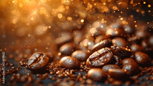 Detailed shot of coffee beans bathed in a golden glow with a defocused light background suggesting quality and freshness © familymedia
