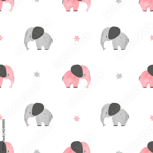 Watercolor cute baby elephants pattern. Vector simple seamless background for...
