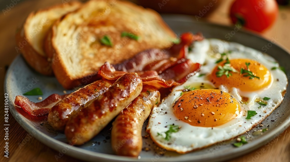 Image of a traditional English breakfast with eggs, bacon, sausage, and toast Image of a traditional English breakfast with eggs, bacon, sausage, and toast