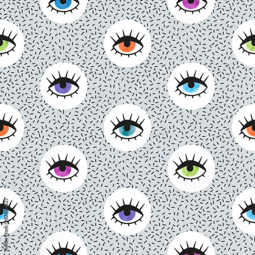 Abstract vector seamless pattern with watercolor colorful eyes. Retro fashion texture