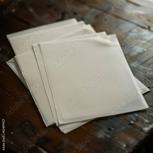 Several blank sheets of paper as a mockup on a wooden table