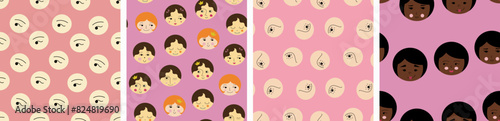 Pack of four patterns, handsome girlish faces. Funny girl visage, women countenance, multipurpose endless print.