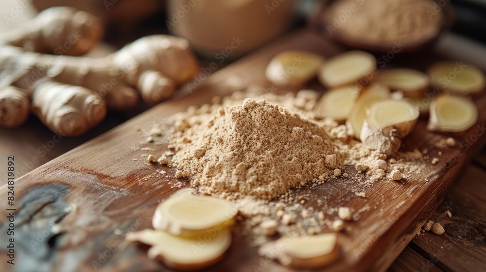 Fototapeta premium Image of fresh ginger and ground ginger powder on a wooden board