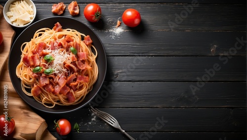 Spaghetti alla Amatriciana with pancetta bacon, tomatoes and pecorino cheese On a black wooden background. Top view. Free space for your text. photo