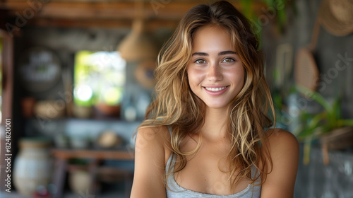 A captivating young woman with flowing hair sits gracefully in front of an elegant table, exuding an air of sophistication and grace