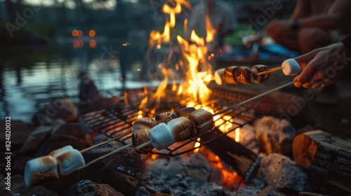 friends toasting marshmallows over a campfire grill, creating a cozy atmosphere