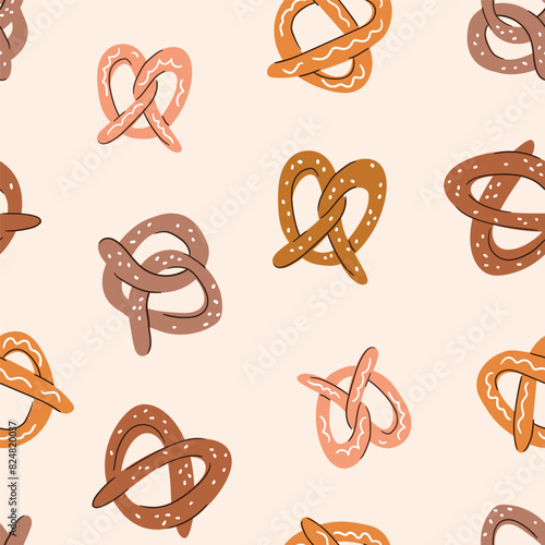 Cute pretzel seamless pattern. Vector bakery seamless print design in hand-drawn style. Stylized illustrated pretzels on light pink background. 