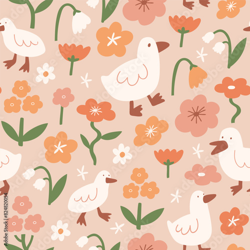 White goose in flowers seamless pattern. Vector summer print. Funny childish design for kids wallpaper, fabric or wrapping paper. Cute animal texture.