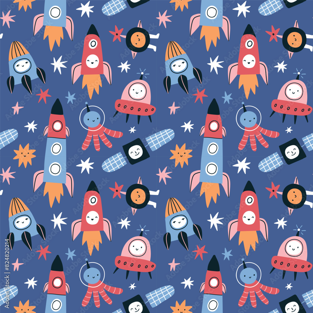 Vector spaceship boys seamless pattern in hand-drawn style. Stars and spaceships on dark blue background. Stylized cosmos seamless print for kids design Vector spaceship boys seamless pattern in hand-drawn style. Stars and spaceships on dark blue background. Stylized cosmos seamless print for kids design