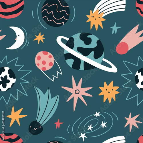 Vector space boys seamless pattern in hand-drawn style. Stars and planets on dark blue background. Stylized cosmos seamless print for fabric design