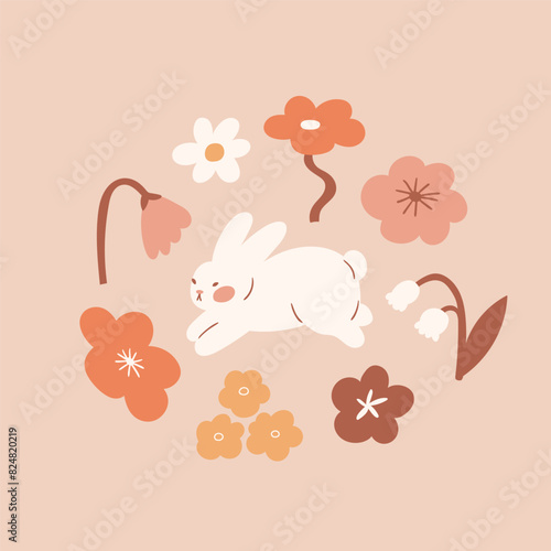 Vector cute Easter greeti card design with white bunny and simple stylized flowers. Easter rabbit poster design. Kids illustrated animal on pink background. Simple kawaii bunny illustration. photo
