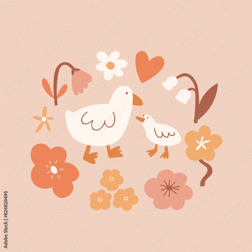 Vector cute greeting card design with white gooses and simple stylized flowers. Spring animal poster design. Mother day illustration on pink background. Simple love illustration. Vector cute greeting card design with white gooses and simple stylized flowers. Spring animal poster design. Mother day illustration on pink background. Simple love illustration.