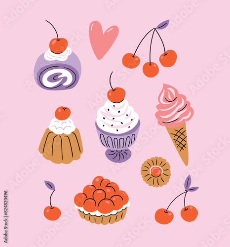 Vector cute dessert set. Stylized cakes, ice cream and cherry isolated on light pink  background. Vector fruit and bakery illustration. Dessert illustrated card in hand-drawn style.