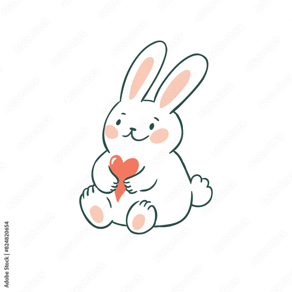 Vector cute rabbit illustration. White bunny with heart isolated on white background. Stylized funny bunny for Easter or Valentines day. Greeting card design with animal. Vector cute rabbit illustration. White bunny with heart isolated on white background. Stylized funny bunny for Easter or Valentines day. Greeting card design with animal.