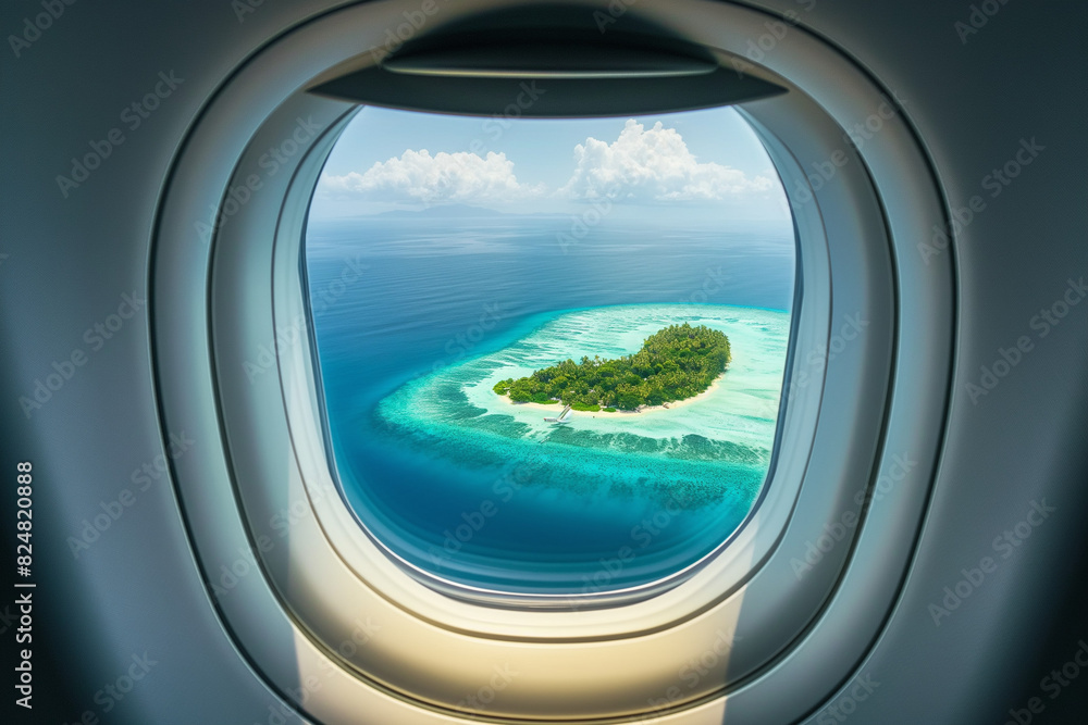 Island view from airplane window over turquoise sea on a sunny day. Concept of tropical vacation and travel. Island view from airplane window over turquoise sea on a sunny day. Concept of tropical vacation and travel.
