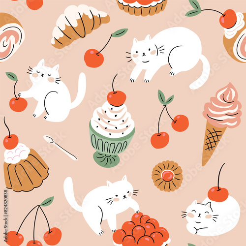 Vector cute food seamless pattern design. Stylized cakes, cats and cherry on light pink  background. Vector fruit and bakery seamless texture. Dessert illustrated print in hand-drawn style.