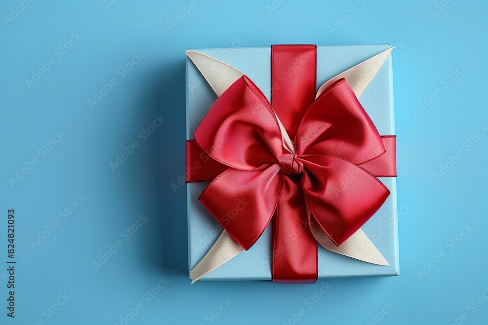 Beautiful white gift box with bow on blue background, top view. Space for text Beautiful white gift box with bow on blue background, top view. Space for text