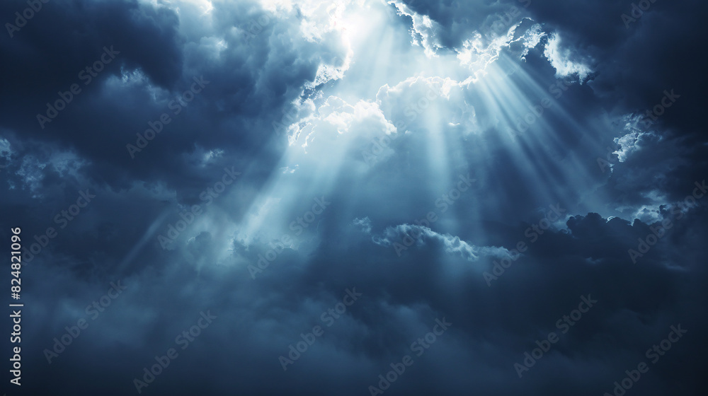 Light rays through storm clouds. Dramatic image of sun rays or light ...