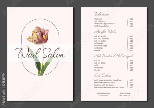 Vector Illustration sticker business card for nail salon decorated with botanical art texture with pricelist and special offer. A4 printable template