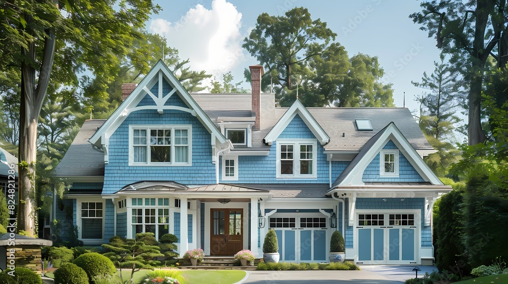 Craft man house exterior painted in pale blue with white accents