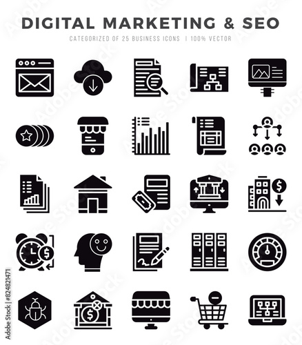 Set of 25 Digital Marketing & SEO Glyph Icons Pack.