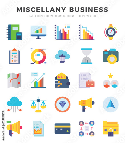 Miscellany Business Icons Pack. Flat icons set. Flat icon collection set. Simple vector icons.