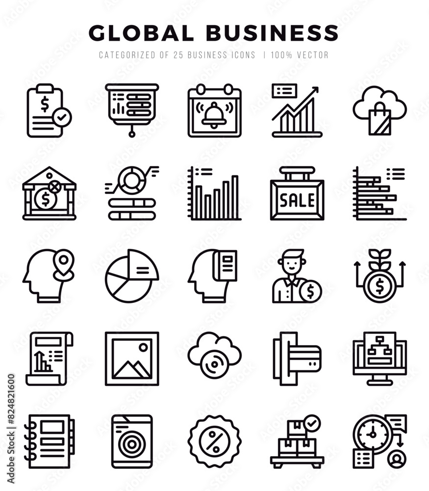 Vector Global Business types icon set in Lineal style. vector illustration.