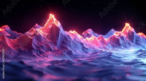 Abstract 3D Background. Each crystalline shape in the futuristic 3D landscape radiates with a bright glow, contrasting sharply with the darkness. photo