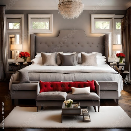 Imagine a bedroom for a newly married couple with a grey bed and sofas as the central theme photo