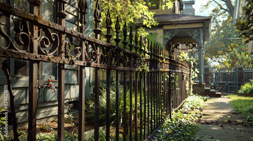 A Craftsman house with a side yard featuring an antique wrought iron fence  the metalwork intricate and ornate 