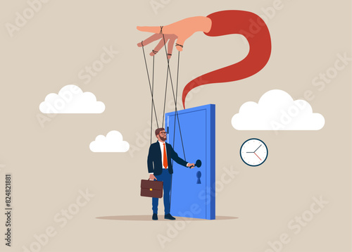 Marionette holding handle and opening apartment or office door. Challenge. Modern vector illustration in flat style