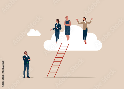 Businesswomen climb up ladder up the cloud with no space left for man. Gender gap, woman domination in company executive board,  inequality in management position.