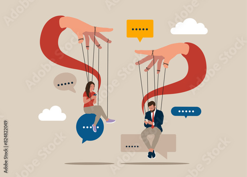 Smartphone addiction. Modern lifestyle. SMM, Internet notification. Social media network ads and internet. Businessman and young woman on text bubble. Flat vector illustration