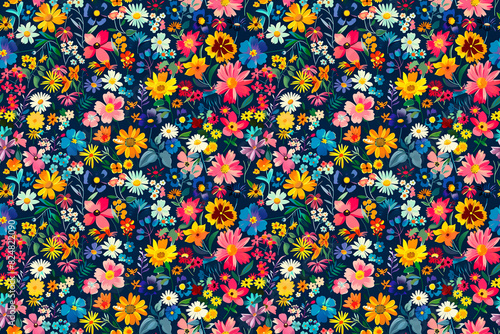 Bright and cheerful wildflowers on a dark background create a seamless pattern, perfect for vibrant and lively floral decoration. © BetterPhoto